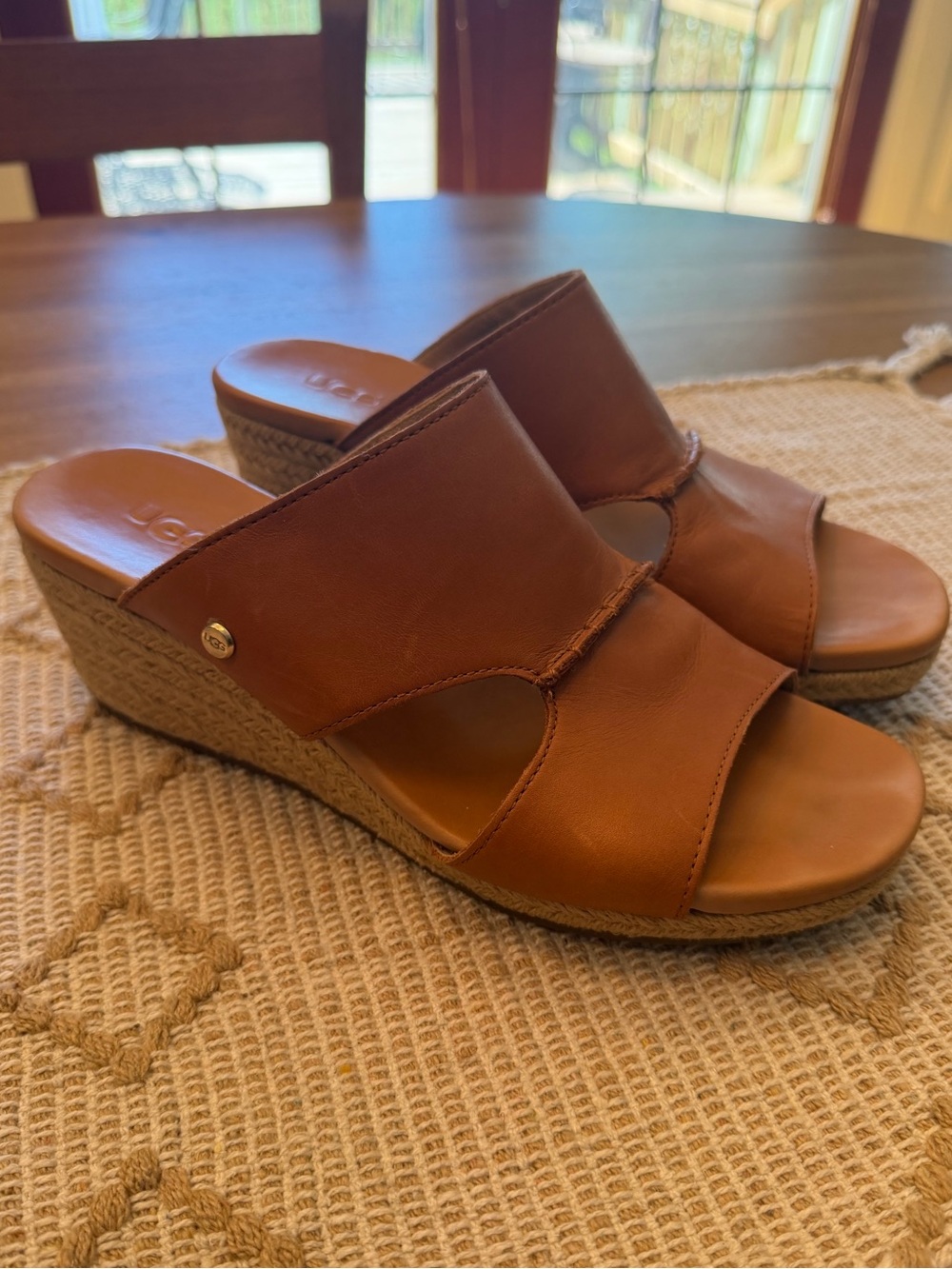 UGG Women's Rich Brown Leather Wedge Slide Sandals